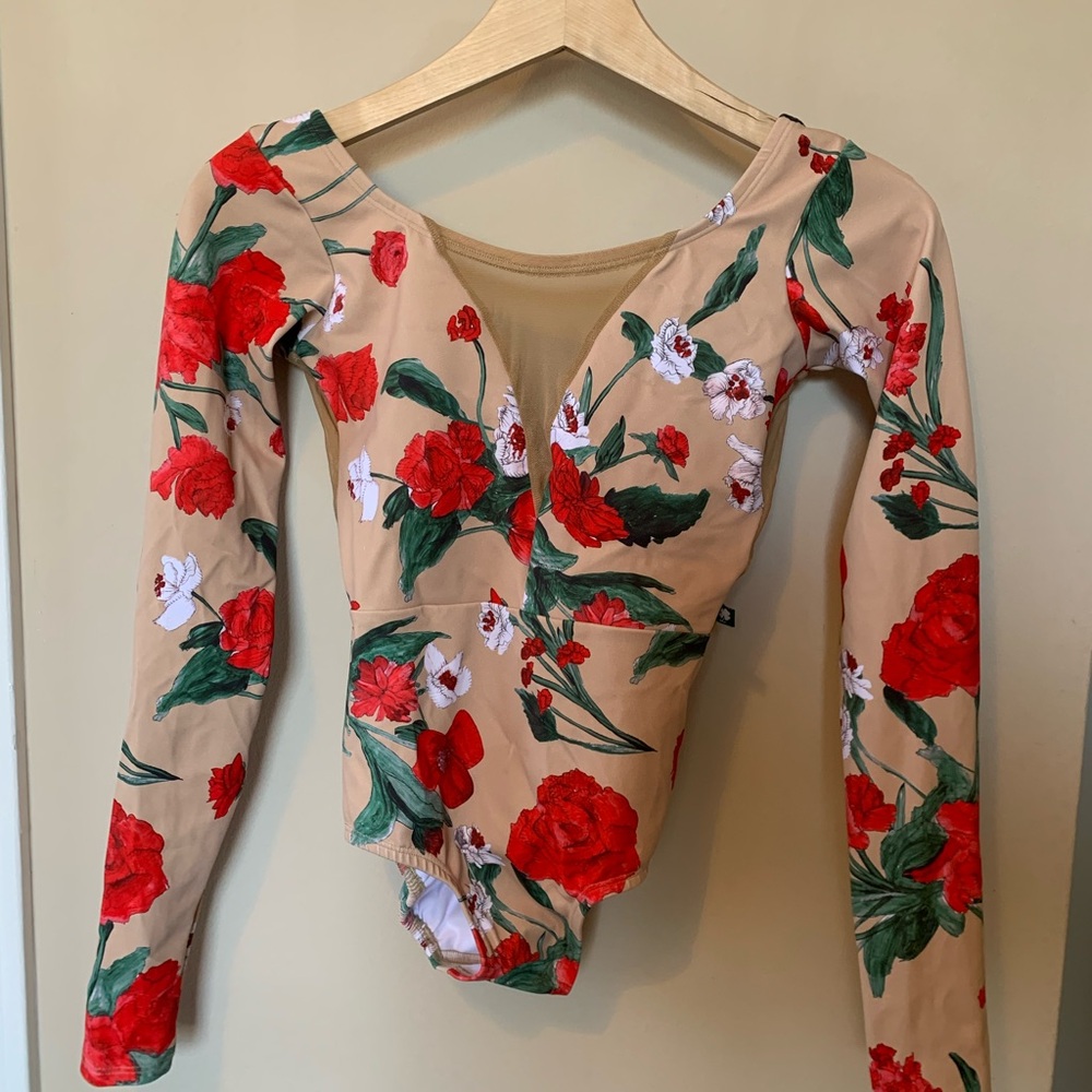 Floral Long Sleeve Leotard - Red and Tan - Luckyleo Dancewear - Like New